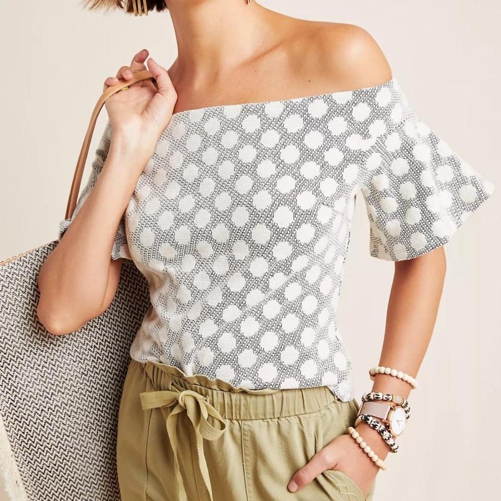 Eri + Ali Anthropologie Off The Shoulder Dot Jacquard Top Black‎ White Size M